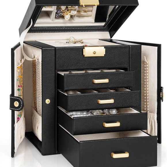 Jewelry Box for Women, Leather Jewelry Organizer with Mirror & Lock, 5-Tier Jewe - Picture 1 of 8